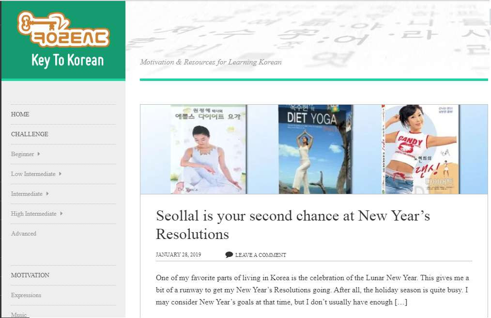 alt text: Trang chủ website Key to Korean với tông màu xanh chủ đạo